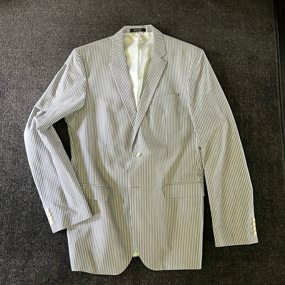 Striped Seersucker Blazer - Light Blue/White
